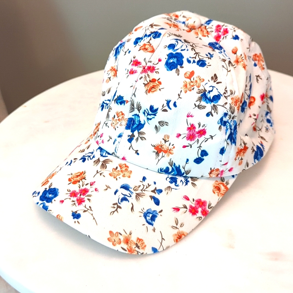 White Flowery Baseball Cap Adjustable Strap